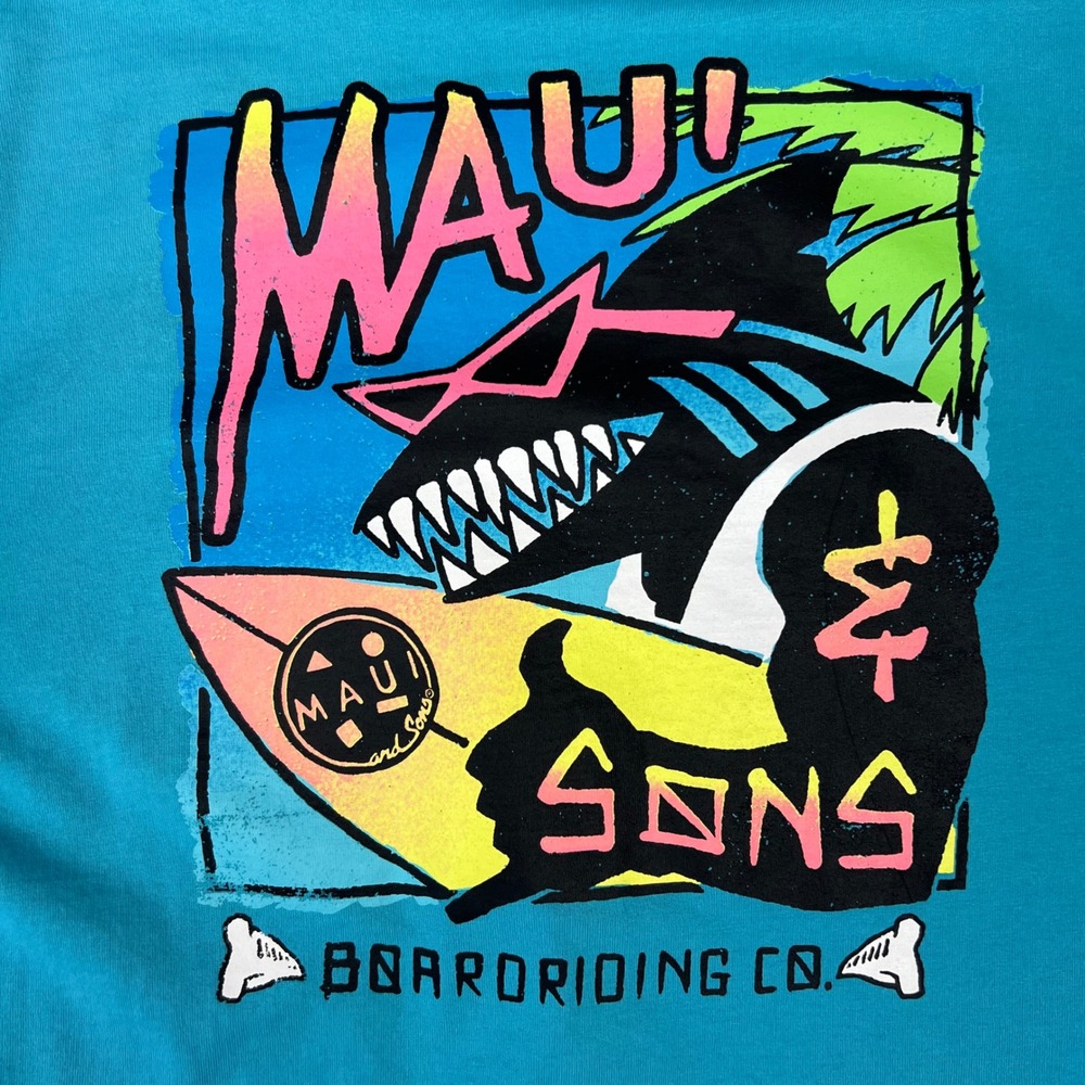 Maui and Sons Long Sleeve T-Shirt Men's Medium Blue Shark Surf Graphic Beach